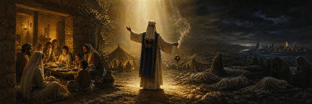 Israelite families share a sacred meal in warm light while a priest with incense intercedes beyond the camp